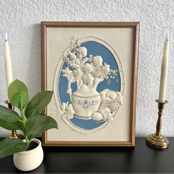 Vintage Other - Vintage Handmade Framed Embroidery Art 18x14 Trapunto Crewel Candlewicking 1980s